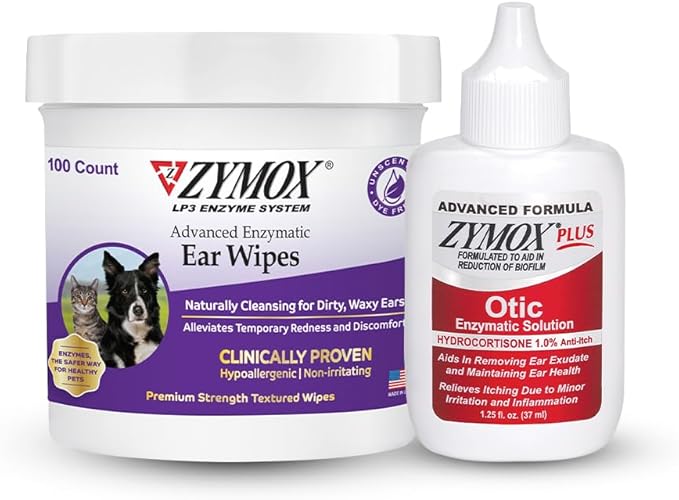 Enzymatic Ear Wipes and Otic Plus Advanced Ear Solution for Dogs and Cats - Product Bundle - for Dirty, Waxy, Smelly Ears and to Soothe Ear Infections, 100 Count Wipes and 1.25oz Bottle