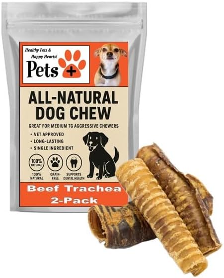 Pets Plus All-Natural Beef Trachea for Dogs 2-Pack – Long Lasting Dog Chews for Medium to Aggressive Chewers, High Protein, Grain Free, Supports Dental Health