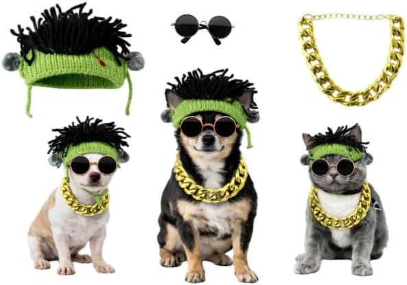 Funny Punk Style pet Costume Set for Cats and Small Dogs - Adjustable Hiphop Hat, Gold Necklace & Dog Sunglasses - Small Breed Halloween Costume, Hiphop Outfit & Clothes for Cats and Dogs