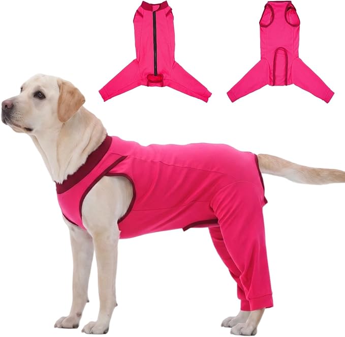 Back Zipper Dog Surgery Recovery Suit with Rear Leg Sleeve to Stop Licking, Easy On Off Dog Surgery Suit Female Spay, Cone Alternative Spay Recovery Suit, Protective Dog Leg Sleeve, Rose-Red XL