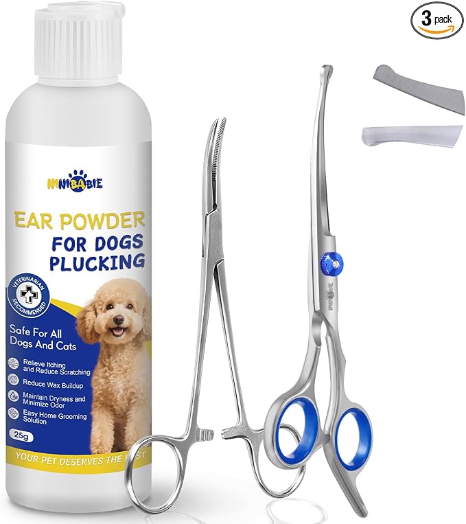 Dog Ear Hair Removal Kit – Ear Powder, Safety Round Tip Scissors & Locking Tweezers – At-Home Grooming Set for Hair Plucking, Wax Removal & Odor Control – Ideal for Poodles & Doodles
