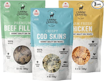 Canine Cravers Single Ingredient Dog Treats – Healthy and Nutritious Human Grade Air Dried Hypoallergenic Pet Food - Grain Free, Gluten Free and No Soy – 100% All Natural Variety 3 Pack