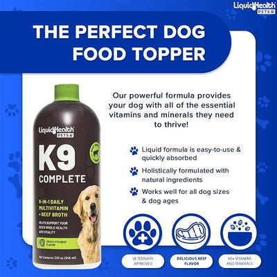 LIQUIDHEALTH Pets K9 Complete 8-in-1 Liquid Multivitamin for Adult Senior Dogs & Puppies, All in One Complete Formula Canine Vitamins for Skin & Coat, Joint Health, Immune Support - USA Made (3 Pack)