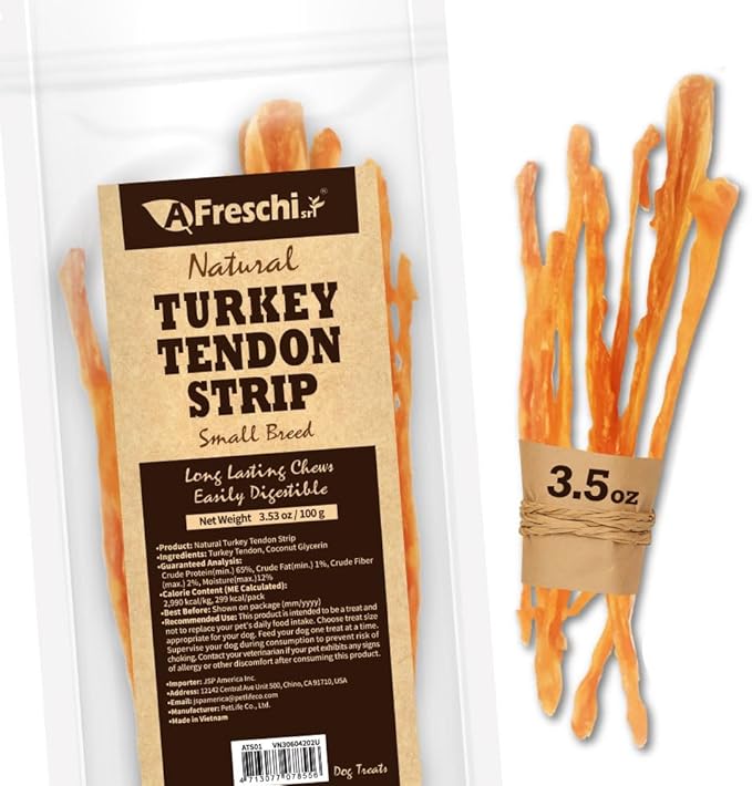 Turkey Tendons for Dogs, USA-Sourced Human Grade, Rawhide-Free Long-Lasting Puppy Chews, All Natural Hypoallergenic Dog Treats for Small Breeds, 3.53 oz Pack Strips