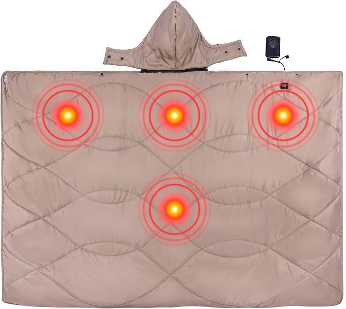 iClimb Heated Camping Blanket with Hood and 5V 5000mAH Battery Pack (Khaki)