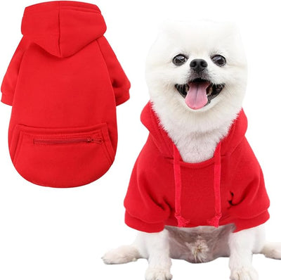 Jecikelon Dog Hoodies for Small Dogs with Zipper Pocket, Soft Fleece Puppy Clothes with Rope Hat, Warm Winter Outfits Cold Weather Coats, Cute Sweatshirt Chihuahua Costume (Red, X-Large)