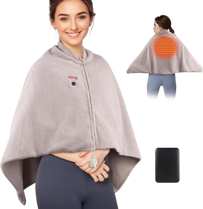 Cordless Heated Blanket, Portable Battery Operated Throw with Rechargeable Pack, 3 Heat Settings, Soft Faux Rabbit Fur Wearable Heating Blanket for Home, Office, Travel, Camping