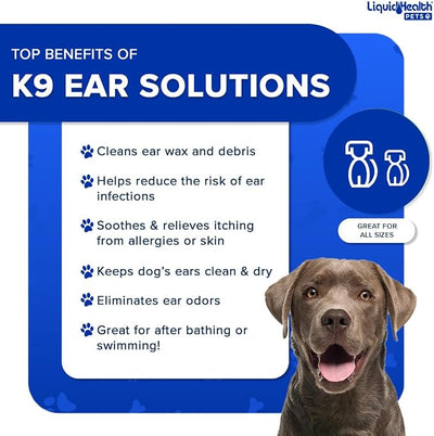 LIQUIDHEALTH Pets K9 Dog Ear Cleaner Wash Solutions - Infection Cleaning Hygiene Treatment Liquid Drops for Dogs, Canines, Puppies - for Use After Swimming or Bathing - Made in The USA (8 oz, 3Pack)