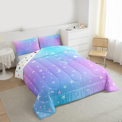 Galaxy Comforter Set Queen Size,Ombre Glitter Bedding Set For Kids Girls Boys Women Bedroom Decor, Tie Dye Rainbow Gradient Duvet Sets Starry Sky Pastel Sparkle Quilted Duvet 3 Pieces, Blue Pink