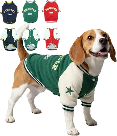 X-Large Dog Winter Fleece Jacket – Stylish Varsity Doggy Coat with Snap Closure & Thick Lining, Warm Pet Sweaters for Large Dogs, Puppy Sport Jackets, Fashion Pup Baseball Uniform, Green XL
