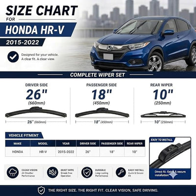 AERO Wipers OEM Replacement for Honda HR-V HRV 2015 2016 2017 2018 2019 2020 2021 2022, 26"+18" Front + 10" Rear, Windshield Wiper Blades with Extra Squeegee Refills + 1-Year Warranty (Set of 3)