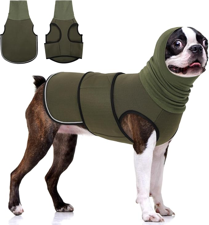 KOESON Dog Calming Hoodie with Ear Wrap & Adjustable Fit, Reflective Thunder Jackets for Medium Dogs, Breathable Anxiety Dog Vest for Storms, Fireworks, Travel, Separation, Army Green M