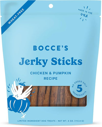 Bocce's Bakery Jerky Stick Dog Treats, Wheat-Free, Made with Limited-Ingredients, Baked in The USA with No Added Salt or Sugar, Natural & High-Protein, Chicken & Pumpkin, 4 oz