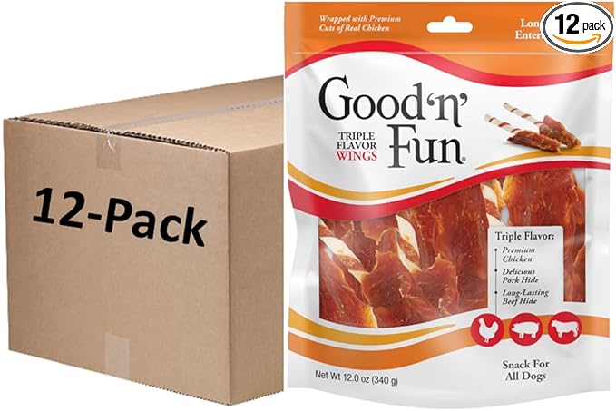 Good ‘n’ Fun Triple Flavor Wings Chews for All Dogs, 12 Ounces, Treat Your Dog to Long-Lasting Chews Made with Chicken, Pork Hide and Beef Hide