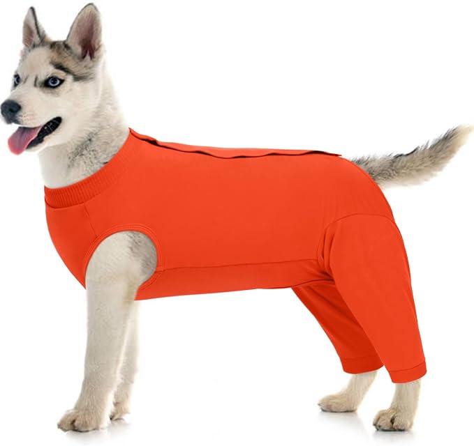 Kuoser Dog Recovery Suit with Anti Licking Rear Leg Sleeve, Orange L | Abdominal Dog Surgical Suit with Pants Cover Protect Wounds, Dogs Elbow Protector Soft Pet Surgery Onesie Cone Alternative