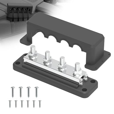 600A Bus Bar 12V Power Distribution Block with 3/8" (M10) 4-Posts Heavy Duty Terminals Block with Cover for Automotive, Marine, Battery System (Black)