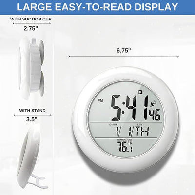 Shower Clock for Bathroom and Kitchen - Large Digital Display Shows Time, Date, Day of The Week and Temperature. Large Suction Cups, Hanging Hole, and Kick Stand - Atomic Clock