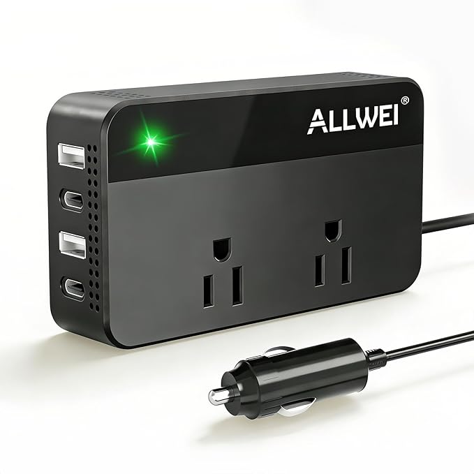 ALLWEI 200W Car Power Inverter, 12V DC to 110V AC Car Inverte with 4 USB Fast Charging Port(2xUSB A, 2xUSB C)- Car Charger Cigarette Lighter Adapter for Phone, Laptop and Small Devices on Road Trip