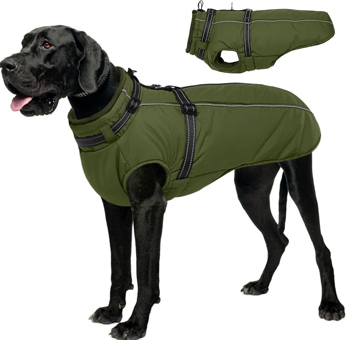 Lelepet Dog Coat for Large Dogs Waterproof Dog Jacket with Harness Built in Reflective Fleece Jacket with Zip Cold Weather Coats for Dogs Cozy Thermal Pet Snowsuit, Weimaraner, Army Green, XXL