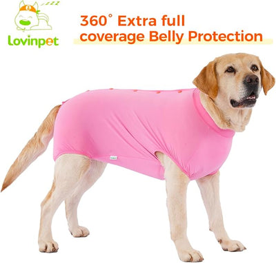 LovinPet Dog Recovery Suit, Easy Snap-Back Cover for Large Dogs, Bodysuit for Female Dogs, Solid-Color Surgery Suit with Cushioned Belly Panel, Pink, XXL