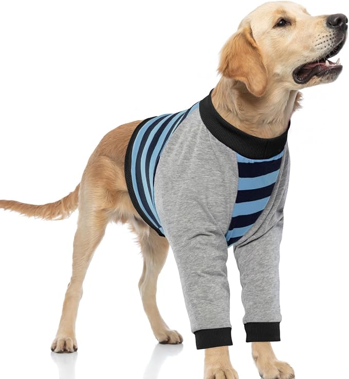 Dog Recovery Sleeve with Elbow Protector,Dogs Shirt Stop Licking Joints,Pet Long Sleeve Suit Protecting Dog's Front Leg Arm Wounds Cover Skin Conditions Blue Stripe L