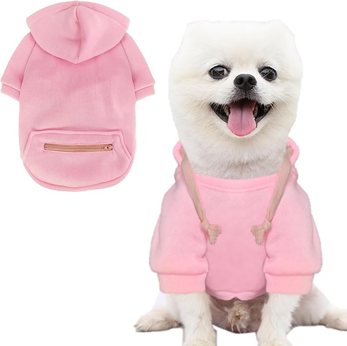 Jecikelon Dog Hoodies for Small Dogs with Zipper Pocket, Soft Fleece Puppy Clothes with Rope Hat, Warm Winter Outfits Cold Weather Coats, Cute Sweatshirt Chihuahua Costume (Pink2, Large)