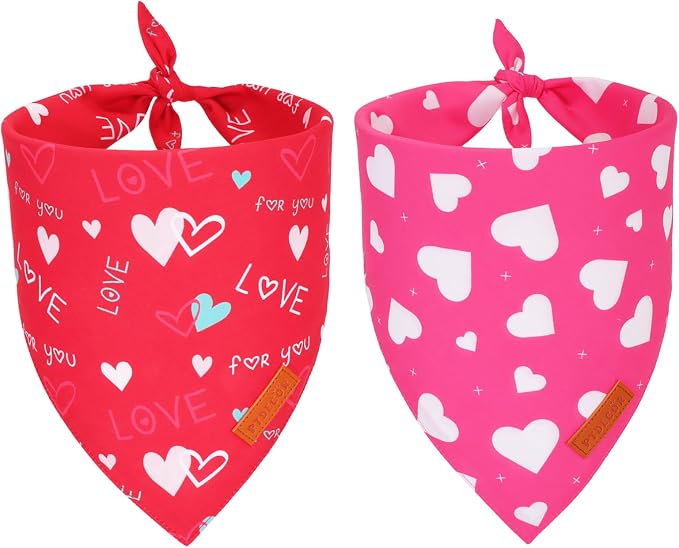 PTDECOR Valentine Dog Bandana, Red Pink Love Heart Design Reversible Pet Scarf, Triangle Valentine Bandanas for Large and Extra Large Dogs Dogs (X-Large)