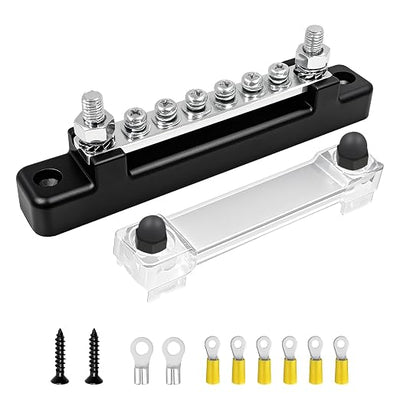 LENKRAD 150A Power Distribution Block with Cover + Ring Terminals, Auto Bus Bar 12V Marine Waterproof for RV, Boat Ground Negative Buss Bar Kit -2 x M6 Post + 6 x M4 Screws