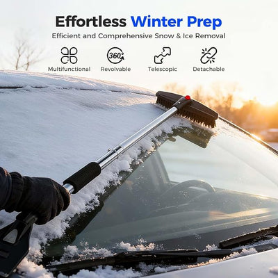 3 in 1 Car Snow Brush, Ice Scraper, Telescoping Snow Shovel with Sponge Grip ABS Stainless Steel Winter Tool (Ti-Black)