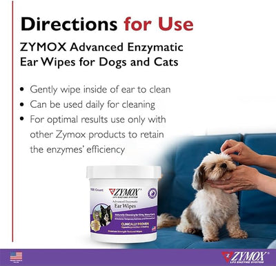 Zymox Enzymatic Ear Wipes and Otic Plus Advanced Ear Solution for Dogs and Cats - Product Bundle - for Dirty, Waxy, Smelly Ears and to Soothe Ear Infections, 100 Count Wipes and 1.25oz Bottle
