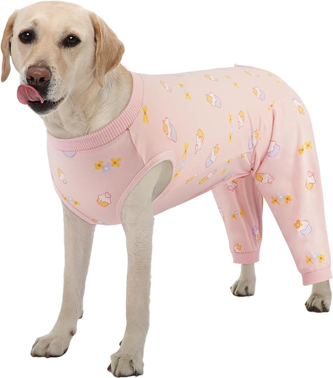 Kuoser Dog Recovery Suit with Anti Licking Rear Leg Sleeve, PinkCake XL | Abdominal Dog Surgical Suit with Pants Cover Protect Wounds, Dogs Elbow Protector Soft Pet Surgery Onesie Cone Alternative