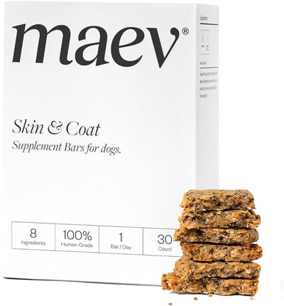 Maev Skin & Coat Supplement Bars for Dogs, with Omega-3, 30 Count | Human-Grade, Vet-Formulated Chews with Fish Oil | Reduces Shedding for a Shiny, Healthy Look | Made in USA