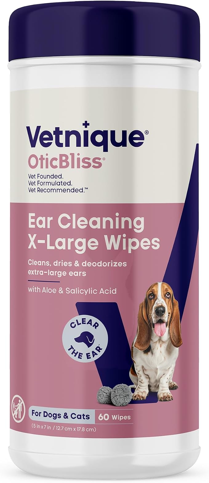 Oticbliss Dog Ear Wipes, Cat & Dog Ear Cleaner & Deodorizing Wipes for Dogs, Cats, Puppies & Kittens, Vet Formulated Remove Ear Wax, Dirt & Odor Aloe for Itchy, Smelly Ears (XL Ear Wipes)