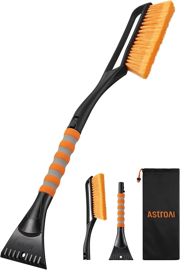 AstroAI 27" 2-in-1 Detachable Snow Brush & Ice Scrapers for Car Windshield | Snow Removers with No-Scratch Bristles, Ergonomic Handles & Easy Storage, Winter Accessories for Cars, SUVs, Trucks (Orange)