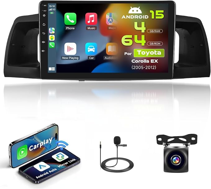 8 Core [4+64G] Android 15 Car Radio for Toyota Corolla EX 2005-2012 Wireless Carplay Android Auto,9'' Touch Screen for Corolla with GPS/5GHz WiFi/EQ/DSP/Bluetooth/FM RDS+Backup Camera