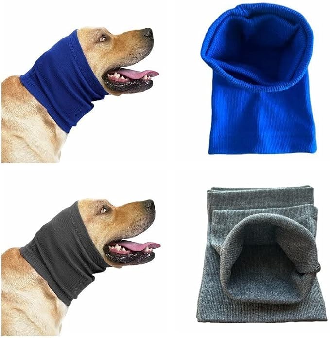 Dog Ear Muffs Noise Protection Soothing Anxiety & Stress Relief Calming Snood for Dog Blue+Grey M