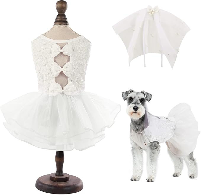 ASENKU Dog Dress, Dog Wedding Dress, Pet Lace Princess Dress with Bows for Wedding Birthday Party, Puppy Formal Apparel with Pearl Necklace for Medium Large Dogs (White, Large)