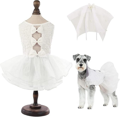 ASENKU Dog Dress, Dog Wedding Dress, Pet Lace Princess Dress with Bows for Wedding Birthday Party, Puppy Formal Apparel with Pearl Necklace for Medium Large Dogs (White, Large)