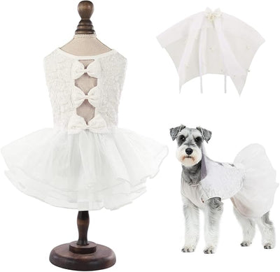 ASENKU Dog Dress, Dog Wedding Dress, Pet Lace Princess Dress with Bows for Wedding Birthday Party, Puppy Formal Apparel with Pearl Necklace for Small Medium Dogs (White, Medium)
