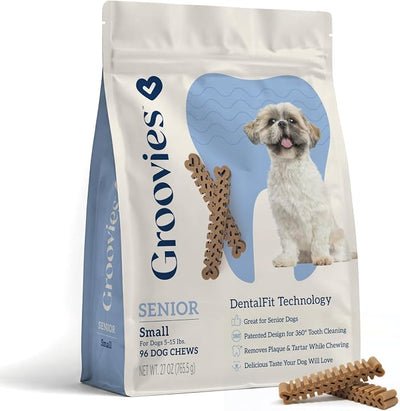 Groovies Senior & Gentle Chewers Dog Dental Treats, Flexible Texture, Patented Technology to Help Control Tartar & Freshen Breath, Small Dog Chews (5-15 lbs), USA Manufactured Oral Care, 96 Count