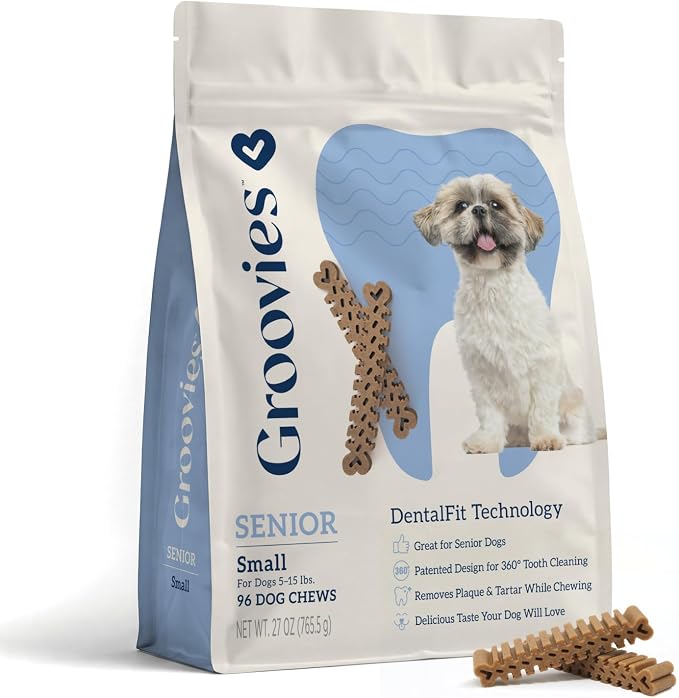 Groovies Senior & Gentle Chewers Dog Dental Treats, Flexible Texture, Patented Technology to Help Control Tartar & Freshen Breath, Small Dog Chews (5-15 lbs), USA Manufactured Oral Care, 96 Count