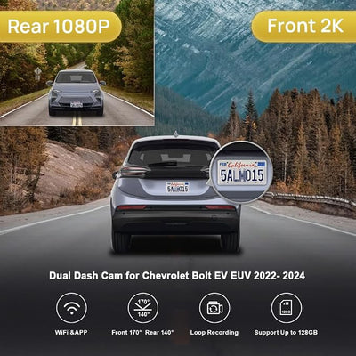Fitcamx Front 2K+Rear 1080P Dash Cam Adapts for Chevy Bolt EV & EUV LT Premier 1LT 2LT 2022-2024 has Auto-Dimming (HD2-8155), OEM Style, Dual Loop Recording, WiFi&APP, G-Sensor, Easy to Set, 64GB Card