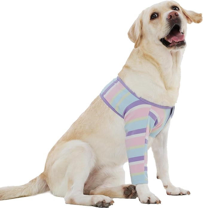 Recovery Sleeve for Dogs Front Leg Right Left, Stretchy Elbow Protection with Hook and Loop, Easy on and Off Wound Cover for Joints Care Striped Bandage Stripe L