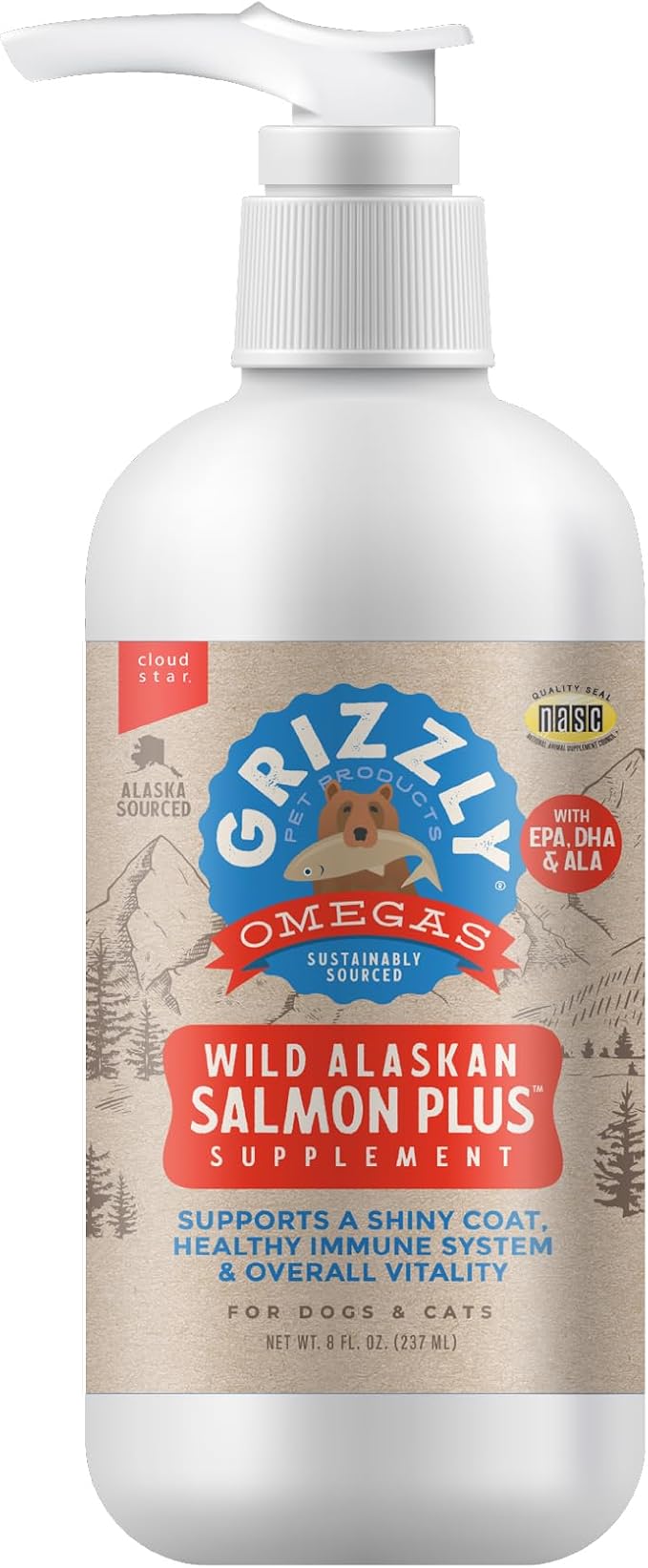 Grizzly Salmon Plus Omega 3-6-9 Food Supplement for Dogs and Cats, 8 oz. Pump Bottle