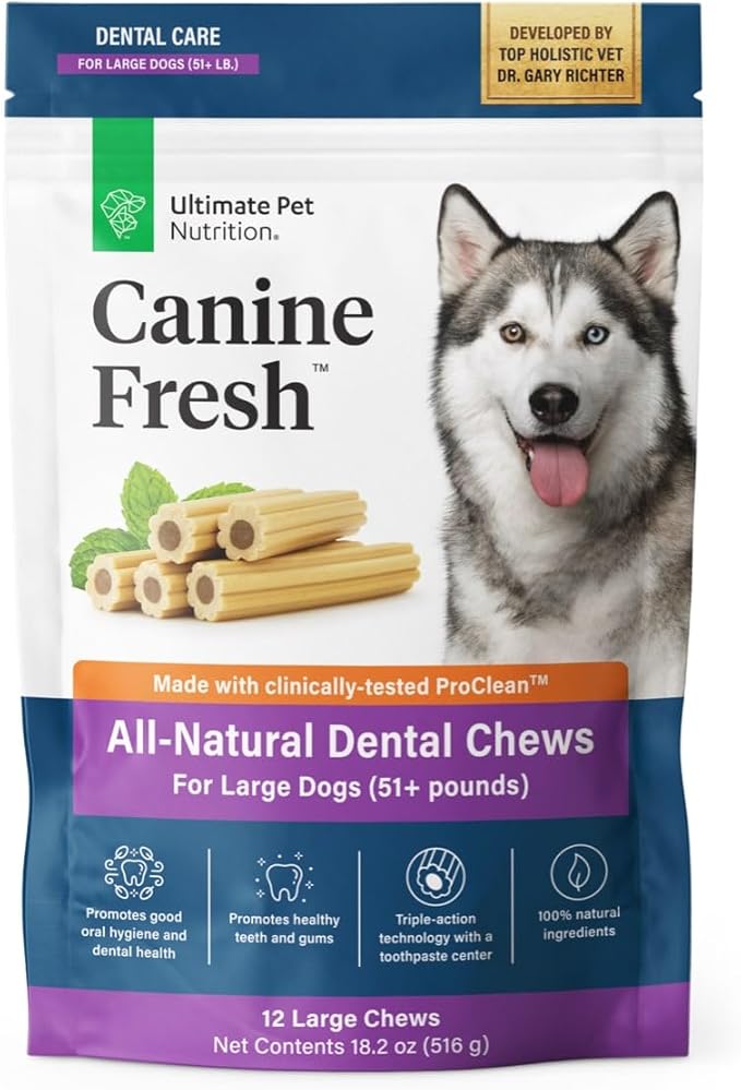 ULTIMATE PET NUTRITION Canine Fresh Dental Chews, Dental Dog Treats, Oral Care and Hygiene Chews, Soothes Gums, Vet Developed (Large)