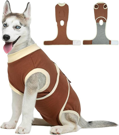 Kuoser Dog Recovery Suit, Soft & Breathable Fabric, Anti Licking, Cone Alternative, Brown, Large (Back: 16.1" - 20.1"; Weight: 23 - 48LB)