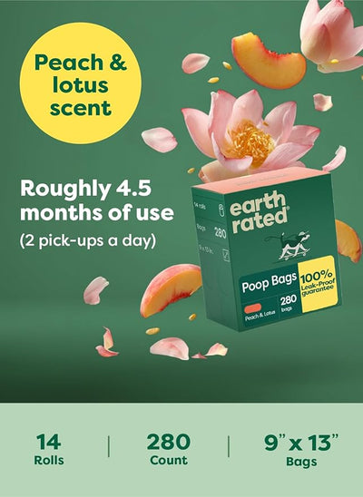 Earth Rated Poop Bags for Dogs, Guaranteed Leak Proof and Extra Thick Waste Bag Refill Rolls, Peach and Lotus, 280 Count