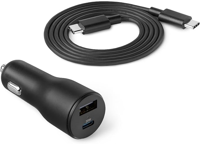 Fast-Charging Car Charger, 1 USB-C (20W) + 1 USB-A (12W), 32W, with 3-Ft Cable, Black
