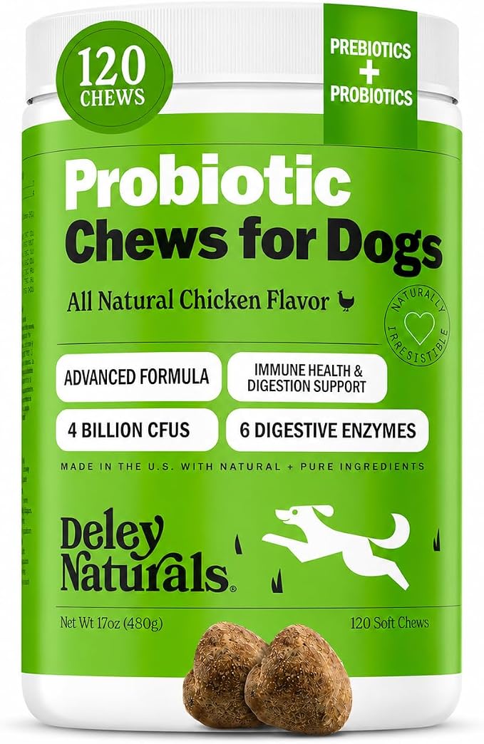 Dog Probiotic Chews - 4 Billion CFU Probiotics for Dogs with Digestive Enzymes & Prebiotics - Grain Free Soft Chews for Gut Health & Digestive Support - 120 Chicken Chews Made in USA