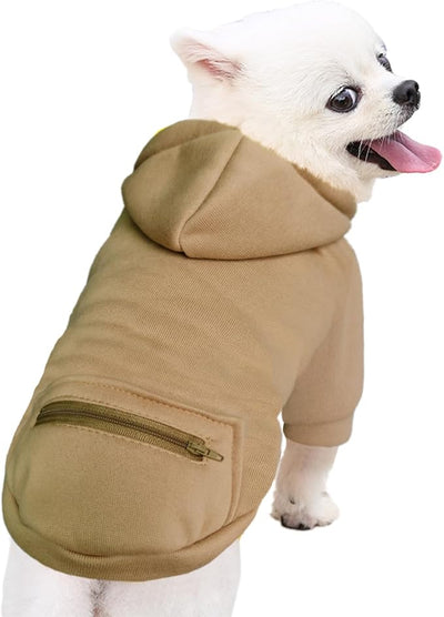 Jecikelon Dog Hoodies for Small Dogs with Zipper Pocket, Soft Fleece Puppy Clothes with Rope Hat, Warm Winter Outfits Cold Weather Coats, Cute Sweatshirt Chihuahua Costume (Khaki, Medium)